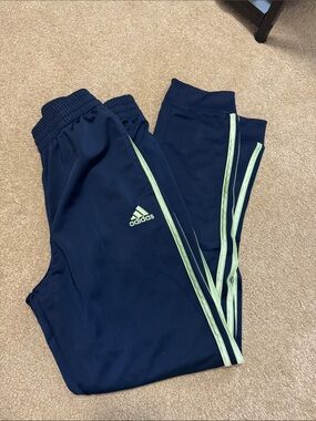 adidas Navy Joggers with Light Green Side Stripes